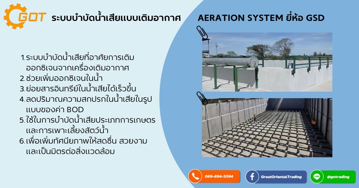 ระบบบำบัดน้ำเสียแบบเติมอากาศ AERATION SYSTEM ยี่ห้อ GSD อีกหนึ่งระบบบำบัดน้ำเสียที่ทางเรามีบริการ ซึ่งสามารถนำไปประยุกต์ใช้ได้ในหลายๆกิจการไม่ว่าจะเป้น ด้านอุตสาหกรรม หรือด้านการเกษตร เราลองมาดูข้อดีของมันกัน ว่าระบบบำบัดน้ำเสียแบบเติมอากาศนี้ ระบบบำบัดน้ำเสียแบบเติมอากาศ AERATION SYSTEM ยี่ห้อ GSD อีกหนึ่งระบบบำบัดน้ำเสียที่ทางเรามีบริการ ซึ่งสามารถนำไปประยุกต์ใช้ได้ในหลายๆกิจการไม่ว่าจะเป้น ด้านอุตสาหกรรม หรือด้านการเกษตร เราลองมาดูข้อดีของมันกัน ว่าระบบบำบัดน้ำเสียแบบเติมอากาศนี้