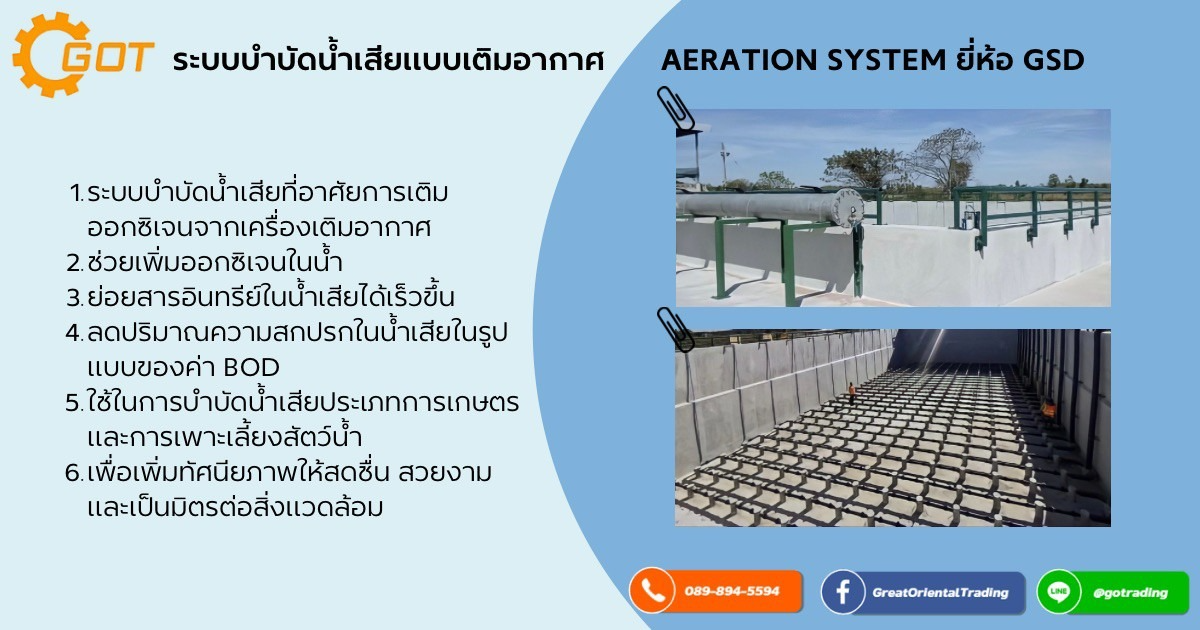 ระบบบำบัดน้ำเสียแบบเติมอากาศ AERATION SYSTEM ยี่ห้อ GSD อีกหนึ่งระบบบำบัดน้ำเสียที่ทางเรามีบริการ ซึ่งสามารถนำไปประยุกต์ใช้ได้ในหลายๆกิจการไม่ว่าจะเป้น ด้านอุตสาหกรรม หรือด้านการเกษตร เราลองมาดูข้อดีของมันกัน ว่าระบบบำบัดน้ำเสียแบบเติมอากาศนี้