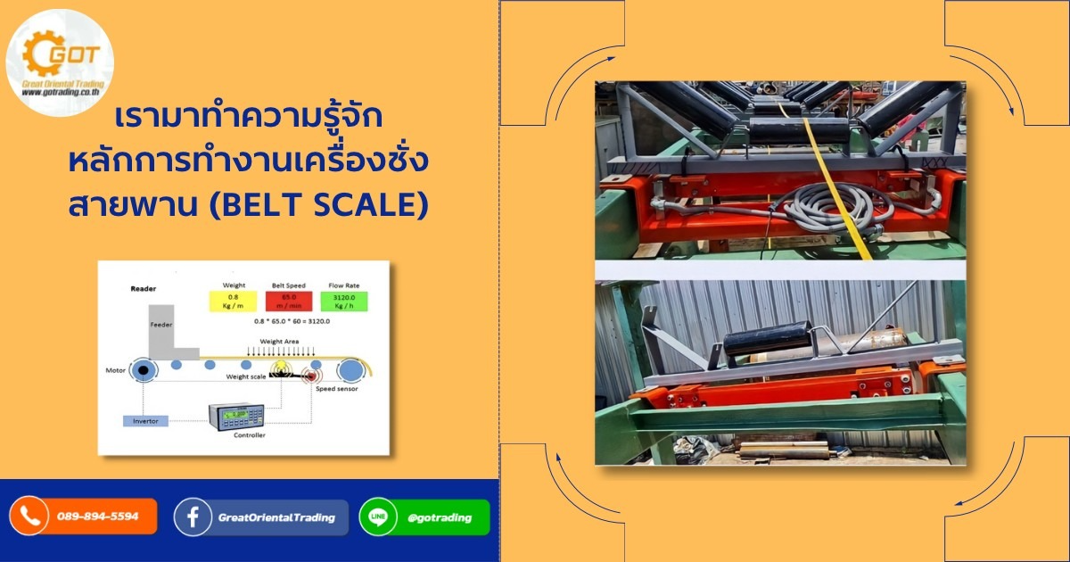 หลักการทำงานเครื่องชั่งสายพาน เมื่อมีวัตถุวิ่งมาบนสายพานเครื่องชั่งน้ำหนัก ชุด Weight frame จะอ่านค่าน้ำหนัก พร้อมกับชุด Speed Sensor อ่านค่าความเร็ว ทำให้ได้ค่า Flow Rate ของวัตถุที่ไหลผ่าน เมื่อนำค่า Flow rate คูณกับ เวลา (Time) จะได้ Total Weight คือน้ำหนักรวมทั้งหมด หลักการทำงานเครื่องชั่งสายพาน เมื่อมีวัตถุวิ่งมาบนสายพานเครื่องชั่งน้ำหนัก ชุด Weight frame จะอ่านค่าน้ำหนัก พร้อมกับชุด Speed Sensor อ่านค่าความเร็ว ทำให้ได้ค่า Flow Rate ของวัตถุที่ไหลผ่าน เมื่อนำค่า Flow rate คูณกับ เวลา (Time) จะได้ Total Weight คือน้ำหนักรวมทั้งหมด