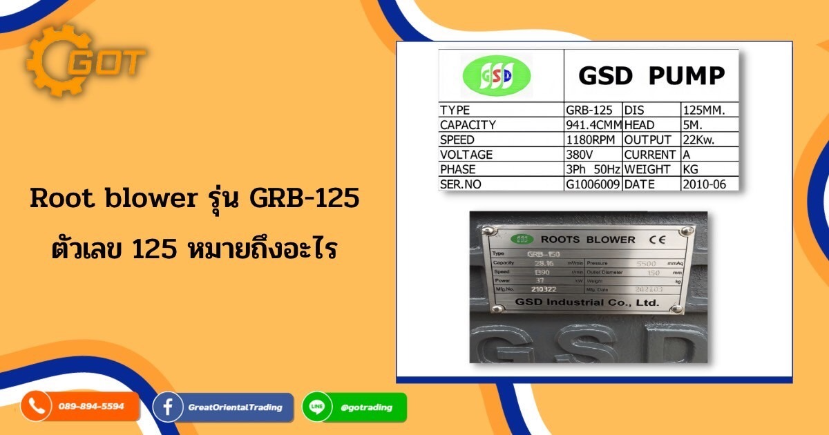Root Blower รุ่น GRB-125 ตัวเลข 125 หมายถึงอะไรไม่ว่าจะเป็นยี่ห้ออะไร ตัวเลขตรงรุ่นของ Root Blower ก็จะมีความหมายเดียวกันอย่างเช่น GRB-125 125 คือ ขนาดของท่อ ที่นำไปใช้งาน มีหน่วยเป็น มิลลิเมตร Root Blower รุ่น GRB-125 ตัวเลข 125 หมายถึงอะไรไม่ว่าจะเป็นยี่ห้ออะไร ตัวเลขตรงรุ่นของ Root Blower ก็จะมีความหมายเดียวกันอย่างเช่น GRB-125 125 คือ ขนาดของท่อ ที่นำไปใช้งาน มีหน่วยเป็น มิลลิเมตร
