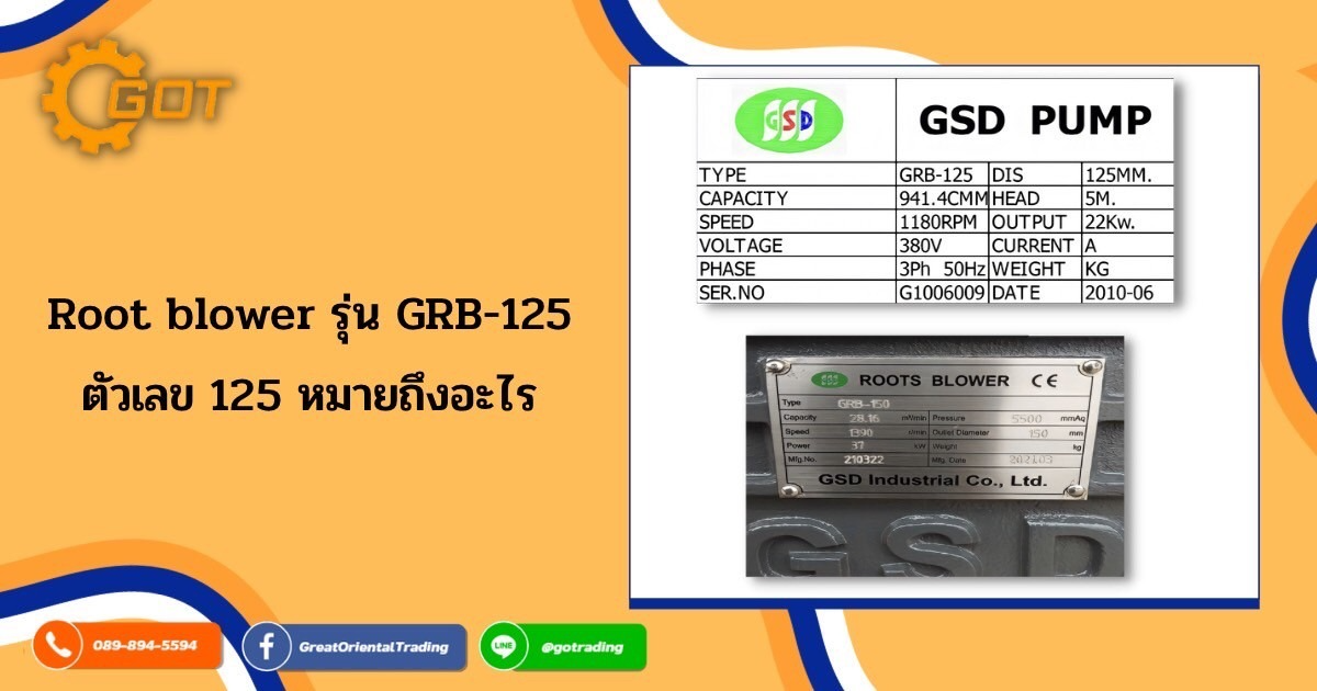 Root Blower รุ่น GRB-125 ตัวเลข 125 หมายถึงอะไรไม่ว่าจะเป็นยี่ห้ออะไร ตัวเลขตรงรุ่นของ Root Blower ก็จะมีความหมายเดียวกันอย่างเช่น GRB-125   125 คือ ขนาดของท่อ ที่นำไปใช้งาน มีหน่วยเป็น มิลลิเมตร