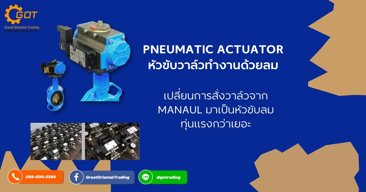  Pneumatic Actuator (หัวขับนิวแมติก) หรือ หัวขับลม เป็นหัวขับที่ทำงานโดยอาศัยแรงดันลมขับเคลื่อนลูกสูบหรือไดอะแฟรมและส่งต่อการทำงานไปที่วาล์วให้มีการหมุนเปิดหรือปิด pneumatic actuator (หัวขับลม) ถูกนำมาใช้กับวาล์วแบบ quarter turn (หมุนเปิดปิดได้ในระยะ 90 องศา) 