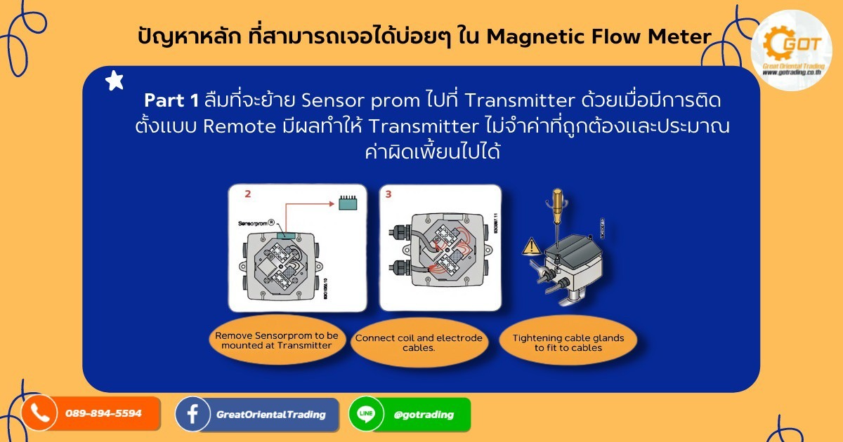 ปัญหาหลัก ที่สามารถเจอได้บ่อยๆ ใน Magnetic Flow Meter มีอะไรบ้าง ? EP1 (Most Common Errors)อย่าลืมที่จะย้าย Sensor prom ไปที่ Transmitter ด้วยเมื่อมีการติดตั้งแบบ Remote มีผลทำให้ Transmitter ไม่จำค่าที่ถูกต้องและประมาณค่าผิดเพี้ยนไปได้
