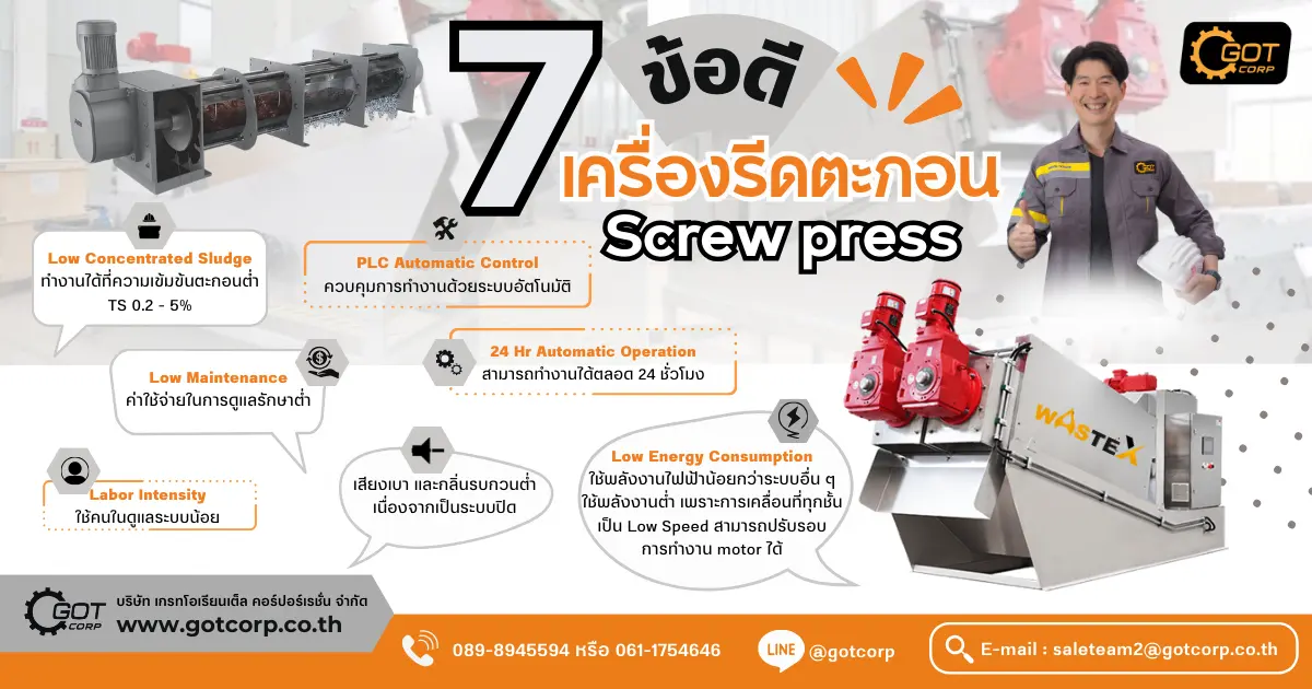 7 ข้อดี ของเครื่องรีดตะกอน Screw Press ช่วยแก้ปัญหาตะกอนตกค้างและสะสมในระบบบำบัดน้ำเสีย 7 ข้อดี ของเครื่องรีดตะกอน Screw Press ช่วยแก้ปัญหาตะกอนตกค้างและสะสมในระบบบำบัดน้ำเสีย