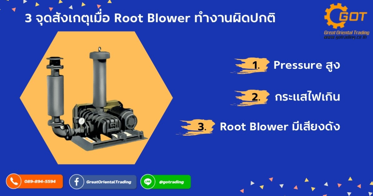 3 จุดสังเกตุเมื่อ Root Blower ทำงานผิดปกติ 1. Pressure สูง 2.กระแสไฟเกิน 3.Root Blower มีเสียงดัง